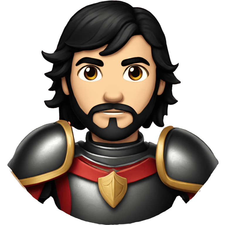 Vintage Tanned man with black hair pointed chin and stern face wearing red and black armour holding sword vintage intricate patterns emoji