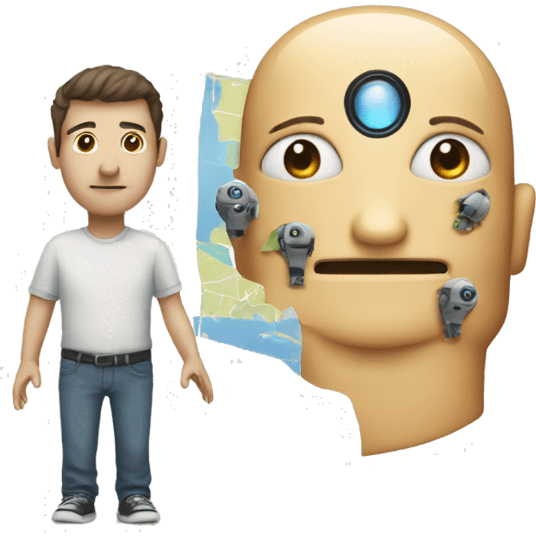 The half of part of face is a man, the other half is a robot. With map on hand emoji