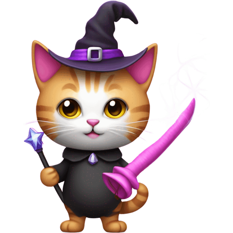 Pink kitty with wand and witches hat emoji