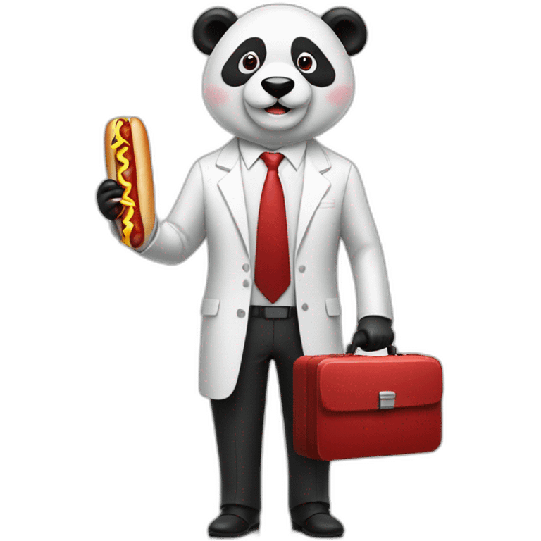 A professor with white suit and red tie and a panda face eating a hotdog and holding a black suitcase emoji