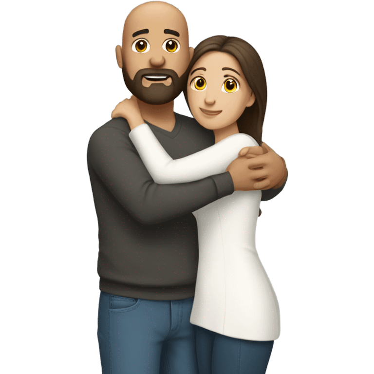 Bald Hispanic man with beard and white brunette with long hair hugging emoji