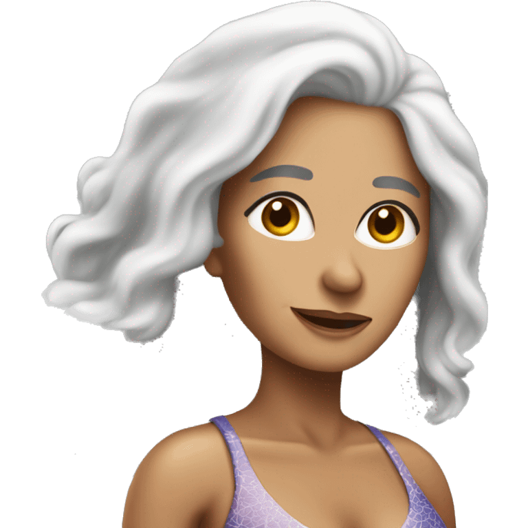 An attractive senior woman Latina colored with long white hair and wearing a closed swimming bikini  emoji