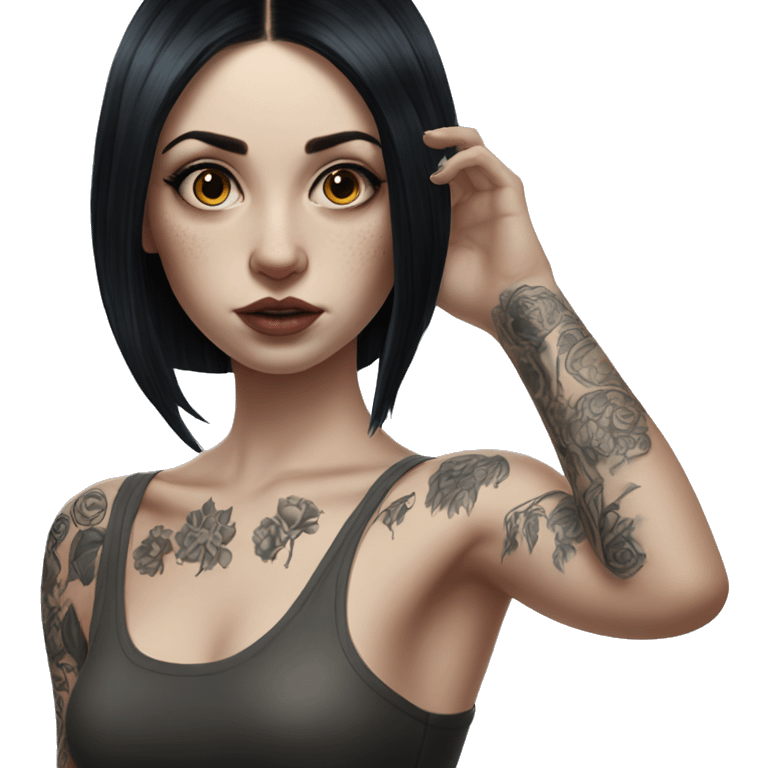 Hyperrealistic Pale girl with black hair arm tattoos emoji