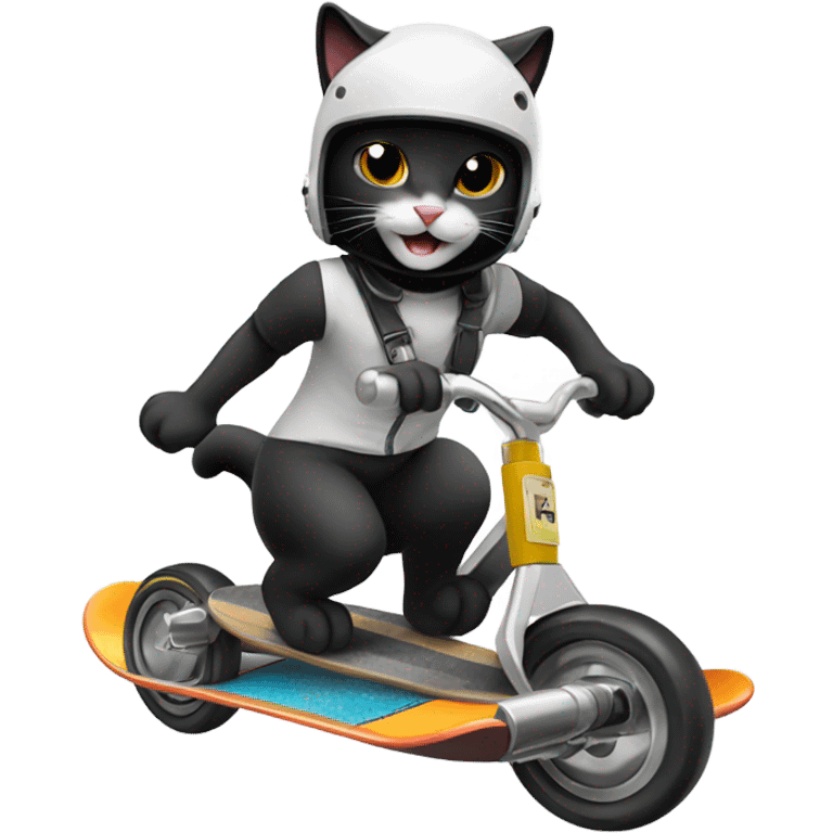 Grinning Black and white cat skateboarding with tiny crash helmet  emoji