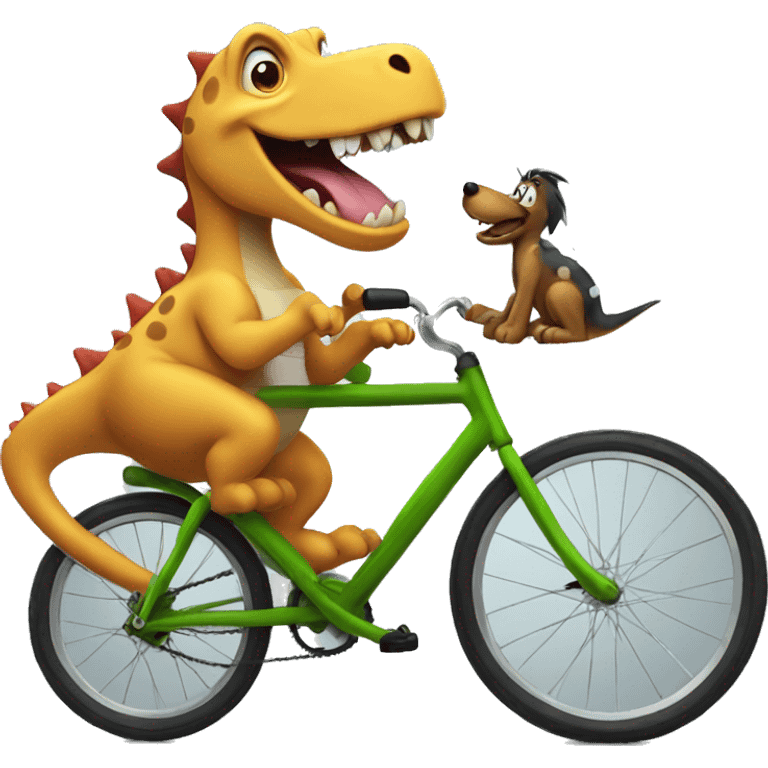 A goofy dino on a bike that is fighting a dog emoji