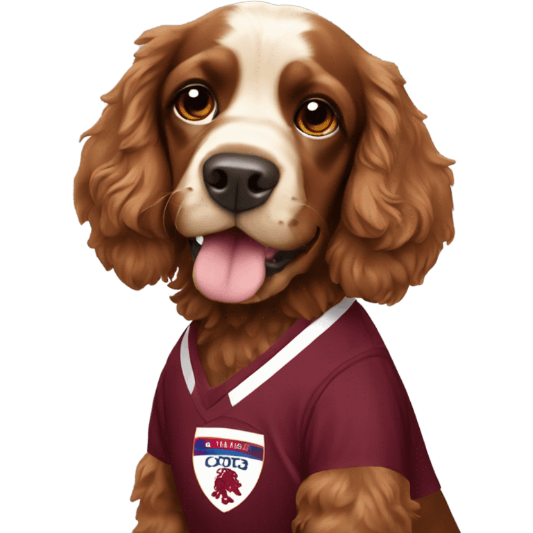 Cocker spaniel wearing an amber and claret football kit emoji