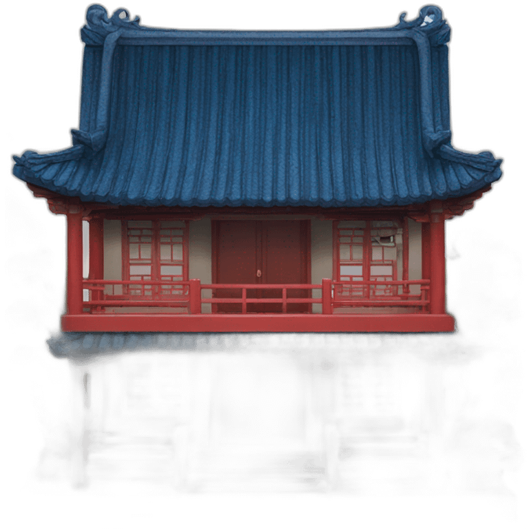 the front facade of a small Chinese-style house with a blue roof and red wooden structures emoji