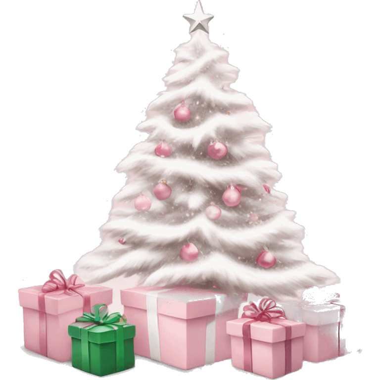 Light pink Christmas gifts under a white Christmas tree emoji