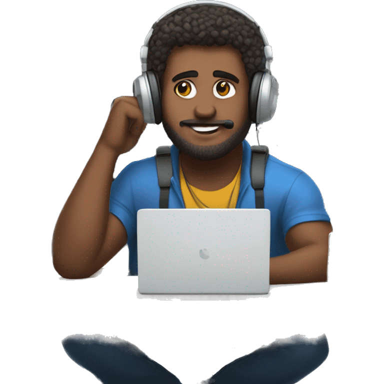 support team with his headphones on behind his laptop, resting on the desk emoji