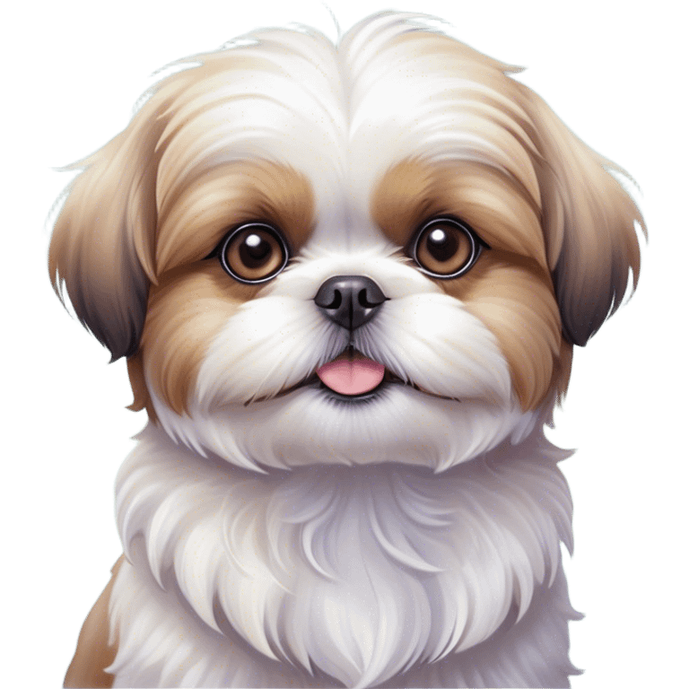 Cinematic Cute Shih Tzu Portrait Emoji, Head playfully tilted with large, sparkling eyes and a fluffy, endearing fur in gentle, pastel tones, simplified yet irresistibly charming, highly detailed, glowing with a warm, cuddly radiance, high shine, radiating affectionate and joyful energy, styled with a soft, playful outline, capturing the essence of a cute Shih Tzu that seems destined to charm everyone in its path! emoji