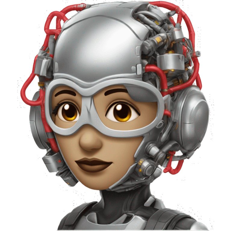 Silver curly hair female cyborg head with red respirator mask and circuits emoji