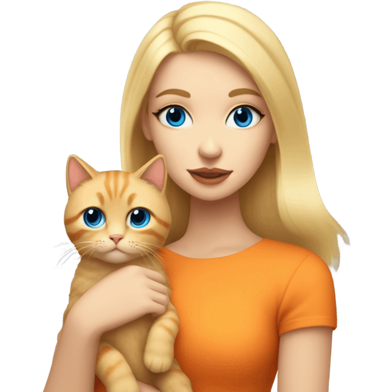 Blonde girl with blue eyes and eyelashes no lipstick with orange fluffy cat emoji