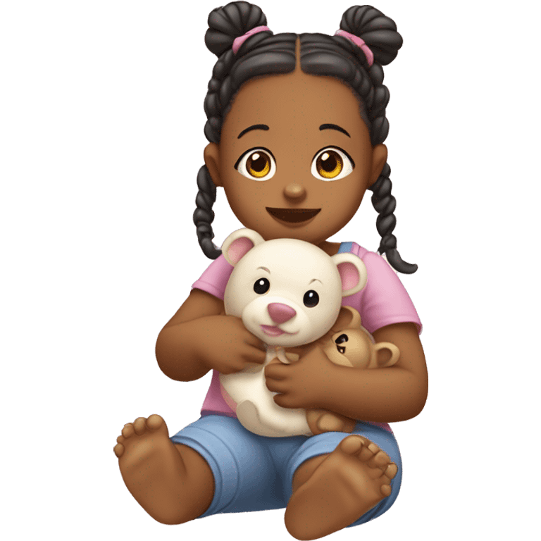 Baby girl with pigtails playing with toy bear emoji