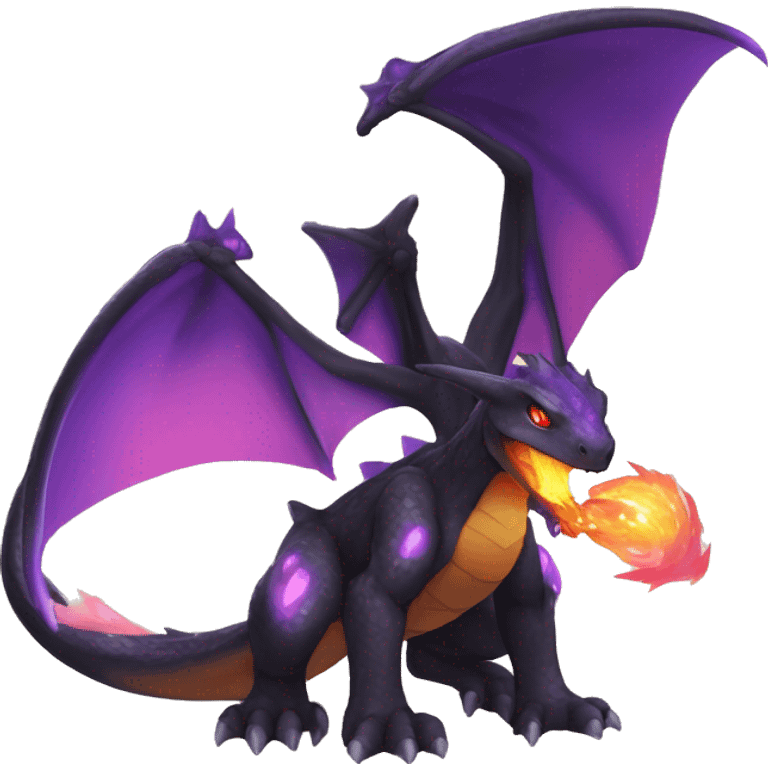 Black shiny nebula chibi Charizard-Raptor-Fakémon with purple flame on tail full body emoji