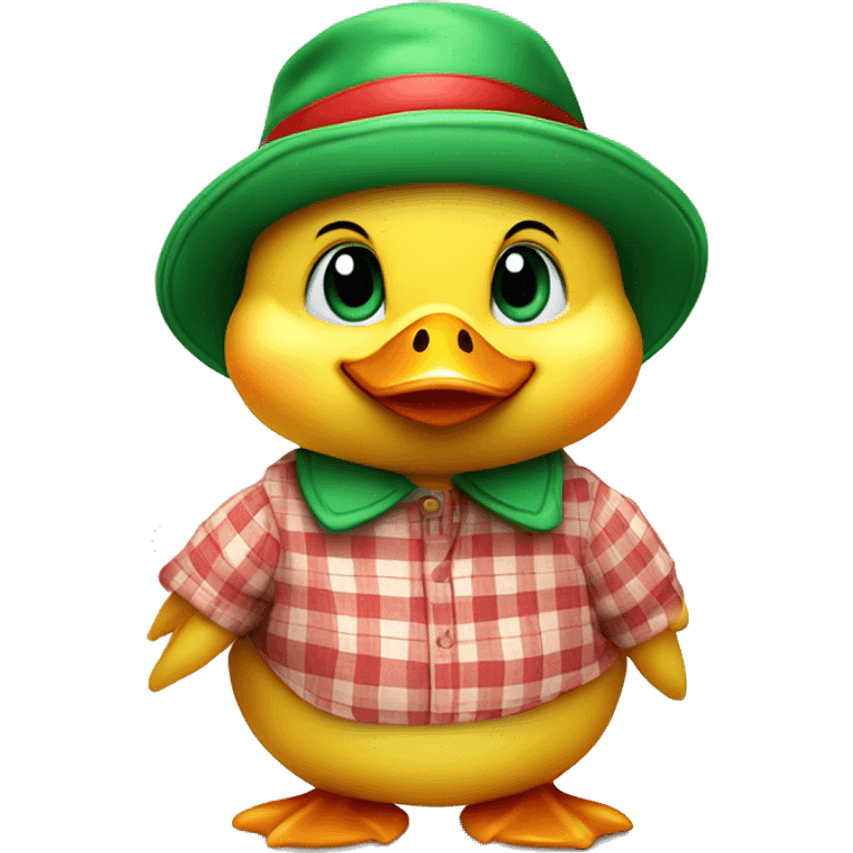 cute fluffy chubby baby duck with hand and wear green hat and red checkered shirt emoji