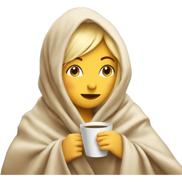 Blonde girl wrapped in big blanket over head drinking coffee emoji