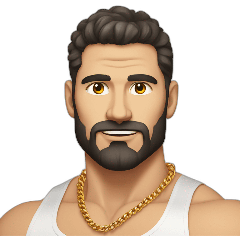 Russian muscular man aged 30 wearing gold chain with black buzz hair and short beard emoji