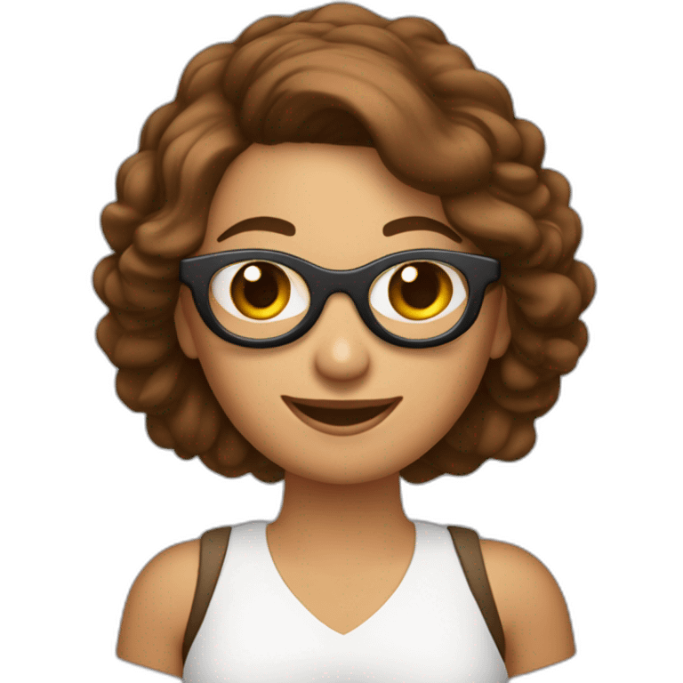 mujer feliz con piel blanca con gafas cabello en el hombro y de color marron con un computador en la mano emoji