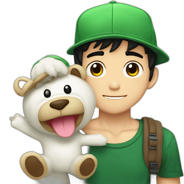 Fernanfloo con gorra de luigui y una rana de peluche sentada en su hombro emoji