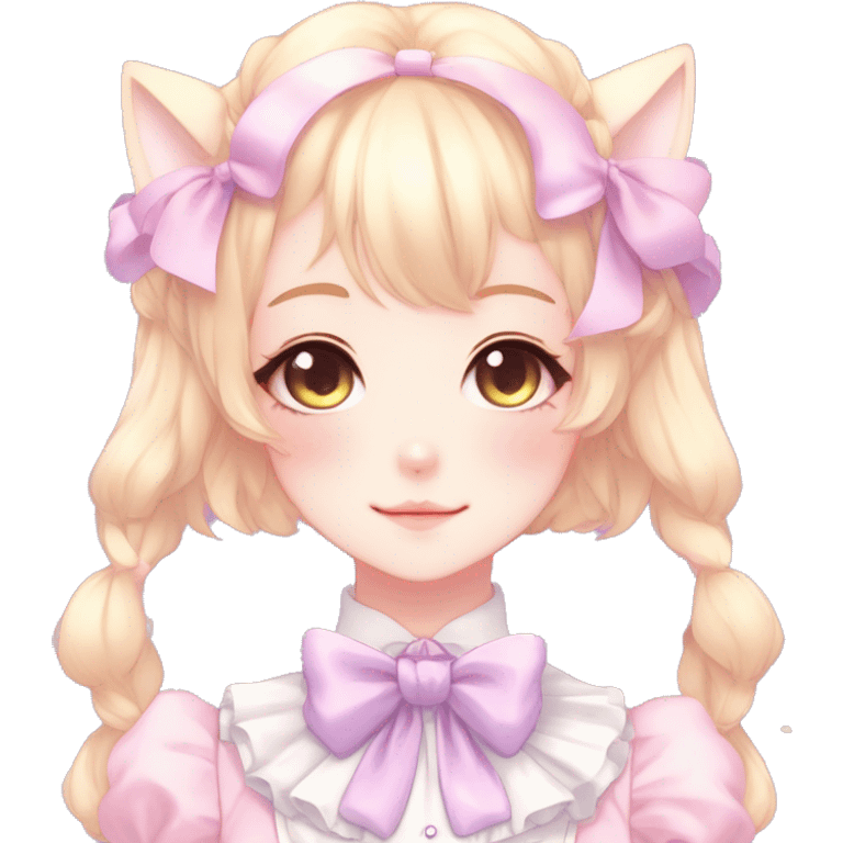 Gorgeous anime style catlady with blushing face with maid outfit bow tie idol model cottagecore fairycore pastelcore shiny colorful pearly petite simplistic aesthetic trending style emoji