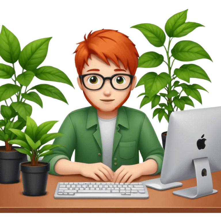 Generate a redhead programmer boy sitting at a desk with plants emoji