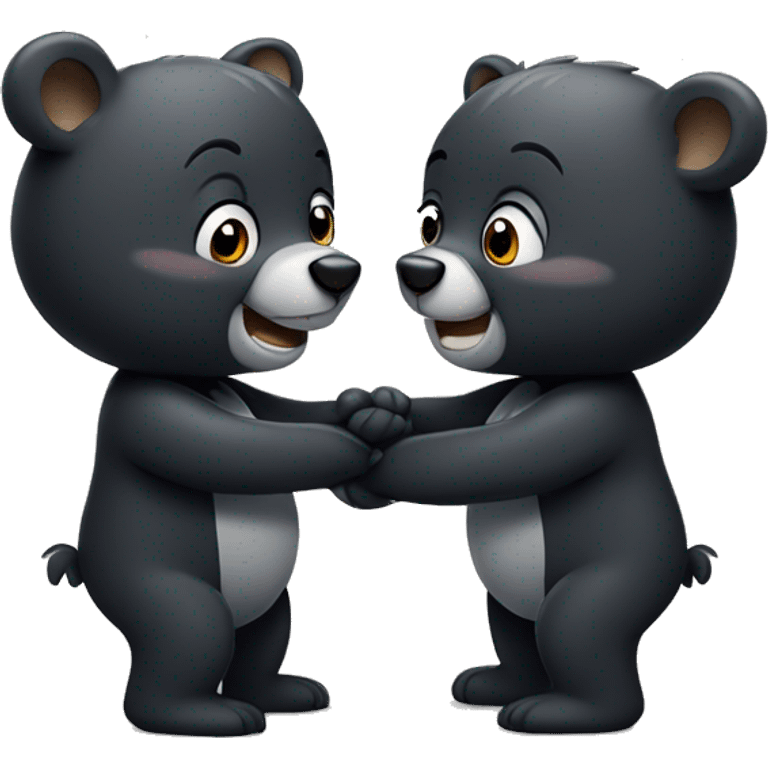 two small cute cartoon black bears hugging and smiling greeting each other emoji