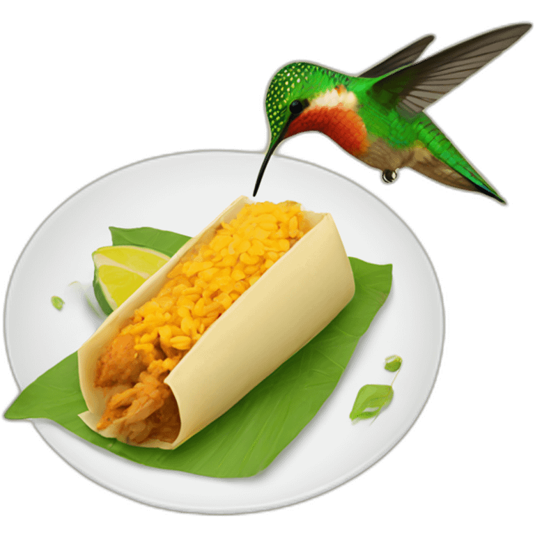 A hummingbird eating a colombian tamal emoji