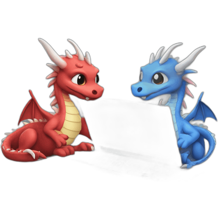 two dragon friends different colors looking at a laptop emoji