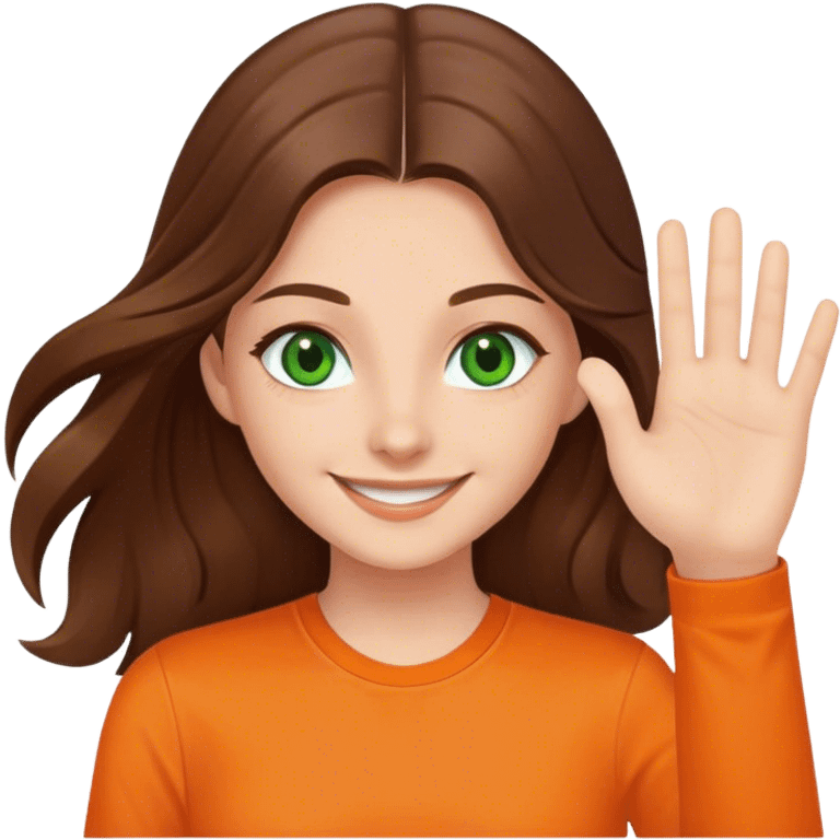 smiling girl with long brown hair, middle hair split, waving, green eyes, orange shirt emoji