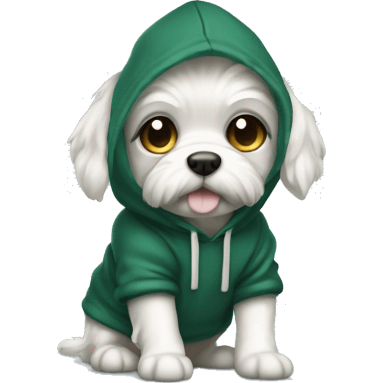 Dog white cute mini maltaise wearing a dark green hoodie  emoji