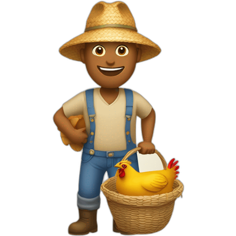 A farmer in a straw hat carrying a basket containing a chicken emoji