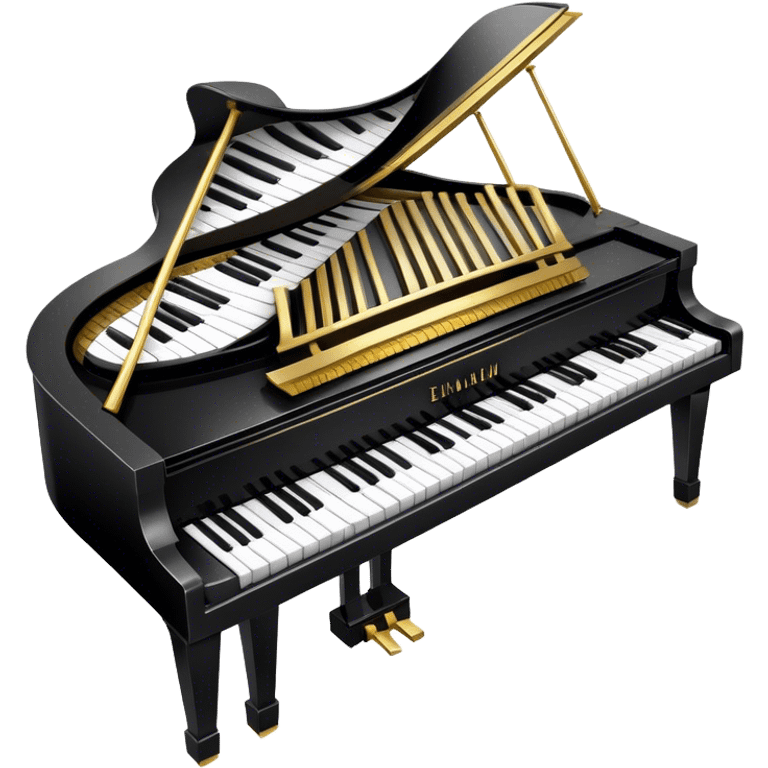 Create an elegant and festive emoji collage representing keyboard instruments, styled like a heraldic emblem. The design should feature a central focal point of black and white piano keys, arranged in a semi-circular or shield-like shape. Around the piano keys, add intertwining musical notes that form flowing ribbons, creating a dynamic and celebratory atmosphere. The design should be professional, with polished silver and gold accents on the keys and notes, highlighting the luxury and sophistication of the instruments. Add subtle shading and lighting effects to give the design a refined, 3D appearance. The background should remain transparent, and the overall feel should evoke grandeur, artistry, and a sense of celebration. emoji