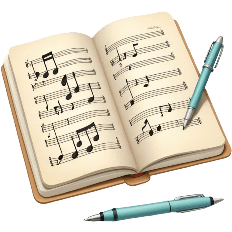 Create an emoji representing songwriting. The design should feature an open notebook or sheet music with visible lyrics and musical notes, symbolizing the process of writing song lyrics. A pen or pencil should be placed near the notebook, indicating active writing. Use a harmonious color palette with warm and neutral tones. Do not include any emojis or smiley faces. Make the background transparent. emoji