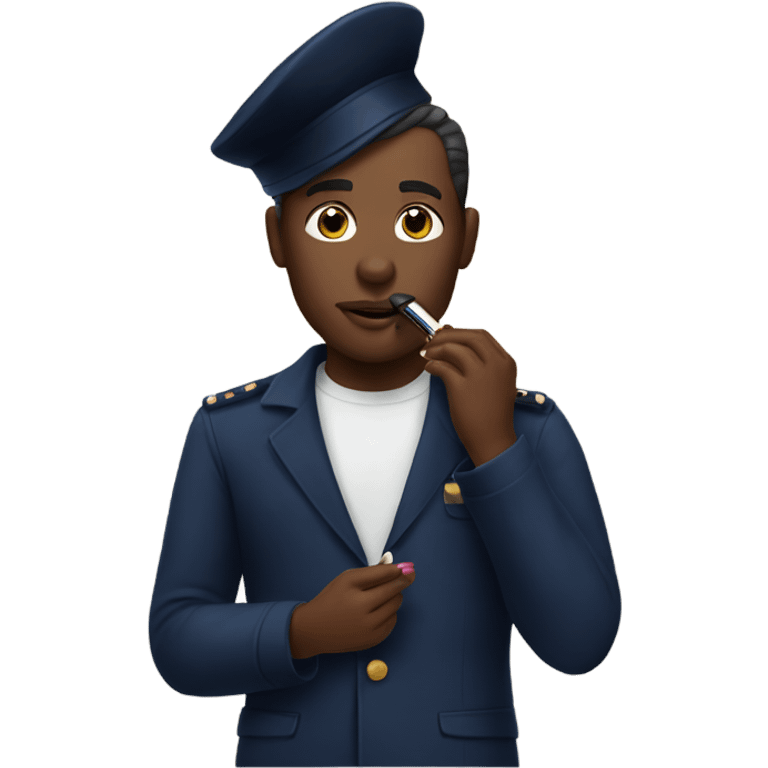 A man putting on lipstick in a navy outfit  emoji