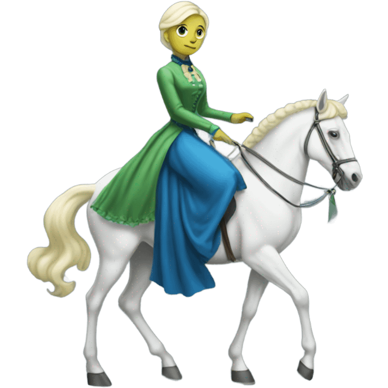 "galora green blonde alien woman" in blue Victorian dress elegant, full body, on white horse emoji