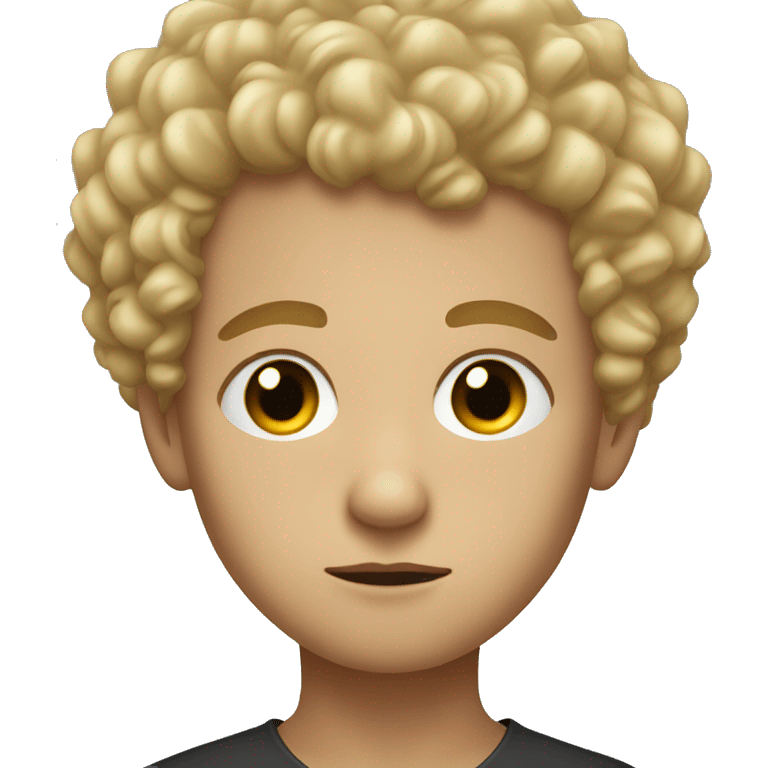 black eyes, very very curly blonde very short hair, boy, serious face emoji