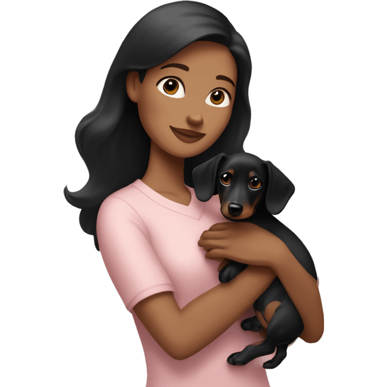 a brunette woman in a light pink shirt, with light skin, holding black dachshund puppy in her arms lovingly emoji