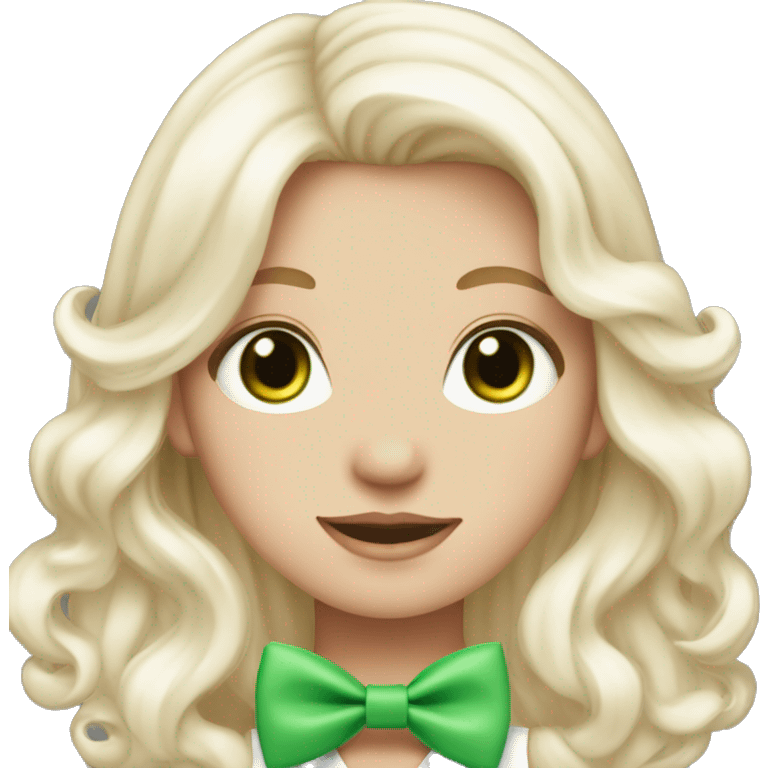 pale blonde girl with long platinum white wavy hair with bright green eyes and wearing a light pink hair bow emoji