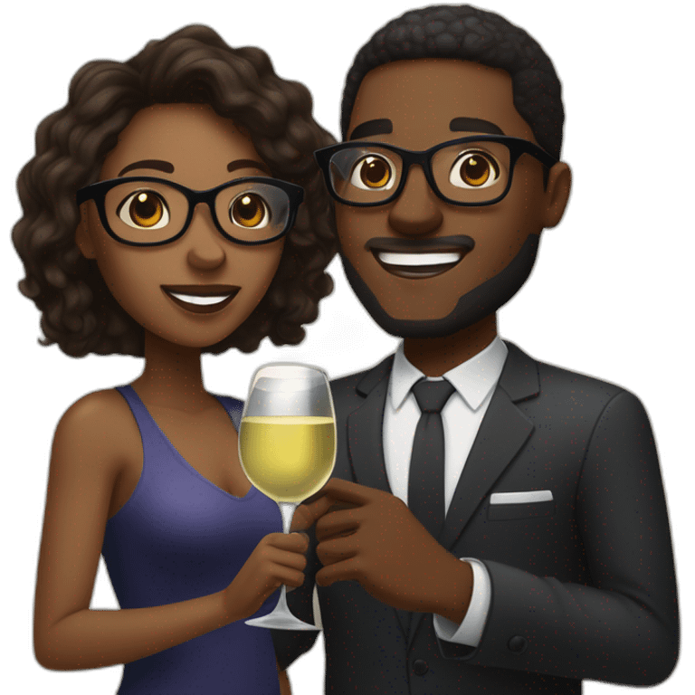 An African couple, a black woman with long dark blonde hair and brown eyes, and a black man with a medium fade haircut. The man wears glasses, toast to each other with a glass of white wine. emoji