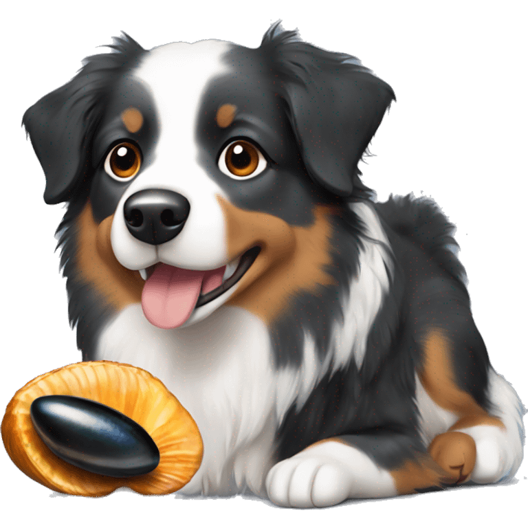 small Australian shepherd with black mussel emoji