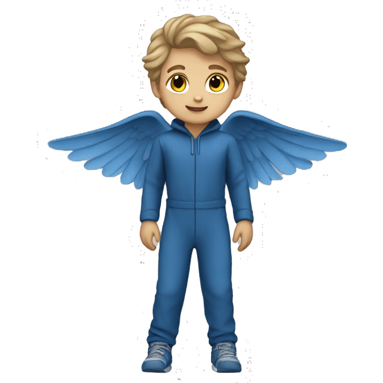 Little Kid dark blond hair  blue  full body jumpsuit flying emoji