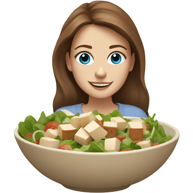 White girl Brown hair blue eyes freackles eating Tofu salad emoji