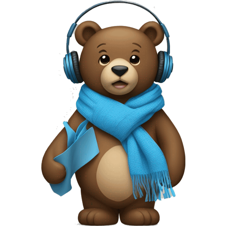 Bear holding a blue heart with a scarf and headphones on emoji