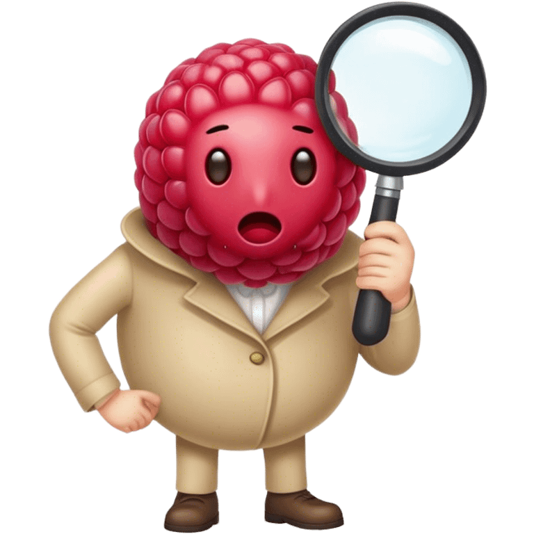 A faceless raspberry holding a magnifiyng glass, no face, no eyes, no mouth, no body  emoji