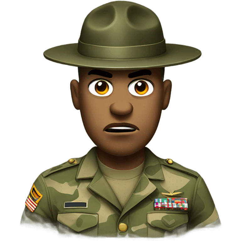 commanding drill sergeant character wearing a classic sergeant hat and a camouflage army shirt. The character should have an angry intense expression. emoji