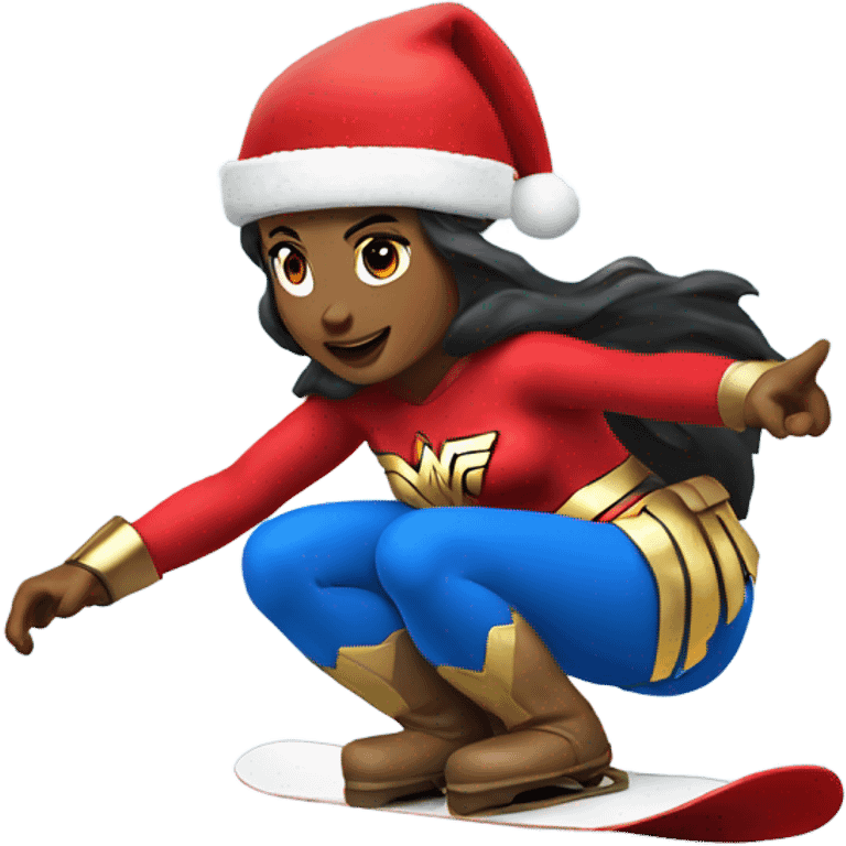 Wonder Woman on snowboard wearing a Santa Claus hat emoji