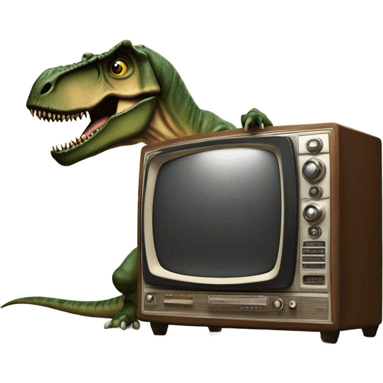 trex standing in aticipation behind a vintage TV set emoji