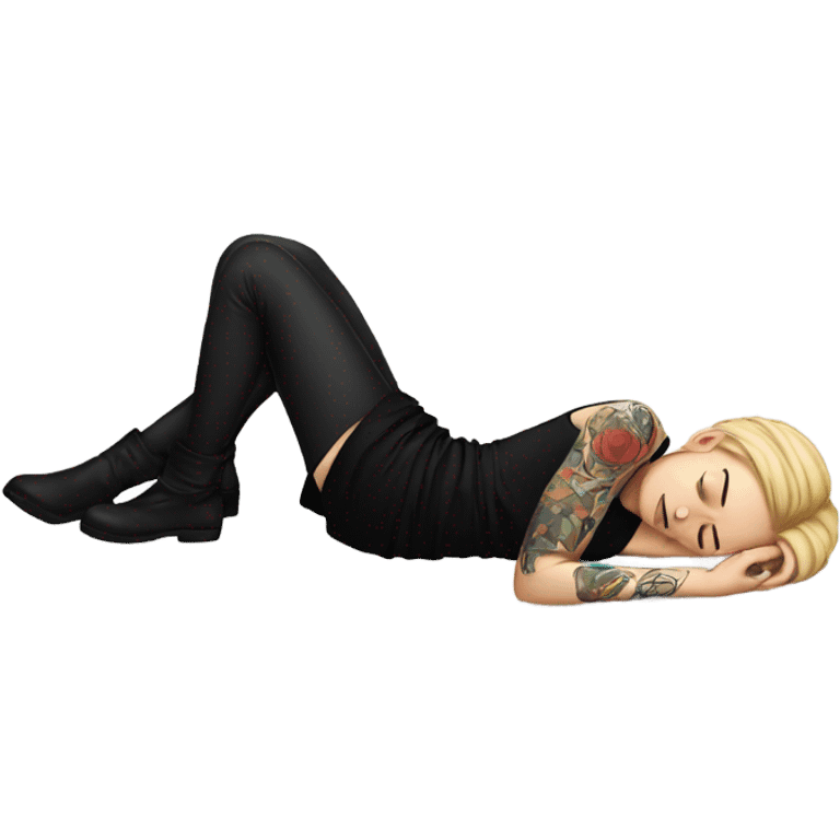 White Girl with tattoos and black skirt asleep on floor emoji