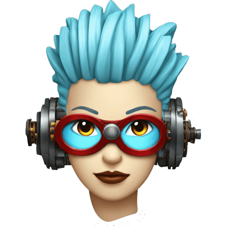 Light blue Mohawk hair female cyborg head with red steampunk goggles and circuits emoji