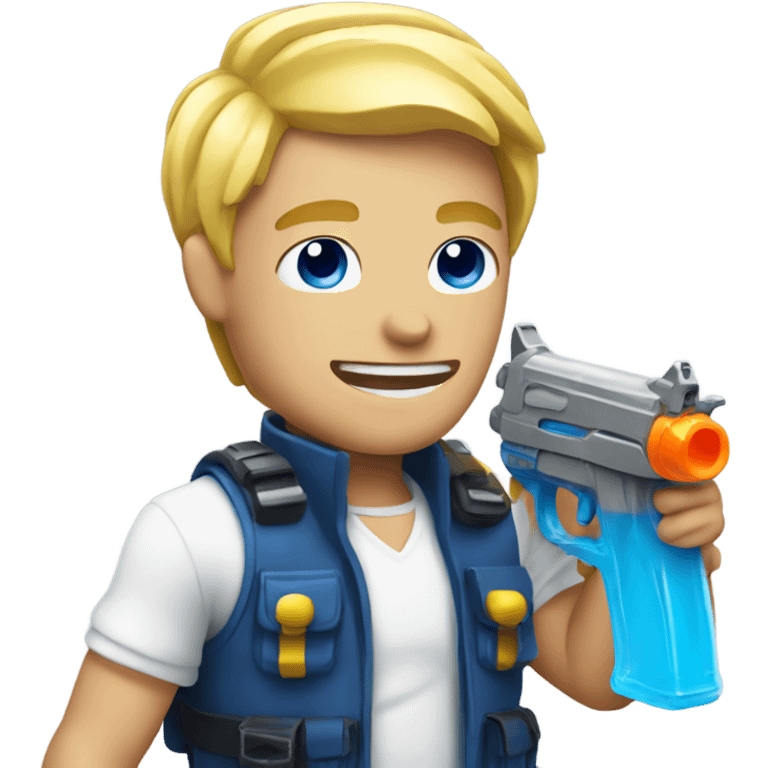 Blonde guy with blue with water gun in his mount emoji